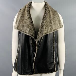TRIBES Size L Black Grey Leather Faux Fur Open Front Vest